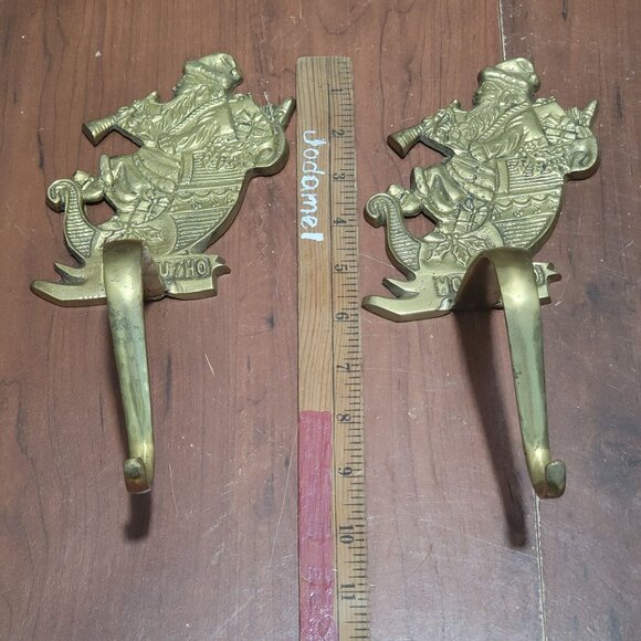 Brass Ho Ho Ho Christmas Santa Claus Sleigh Stocking Holder Hanger  Set of 2 - Picture 8 of 10